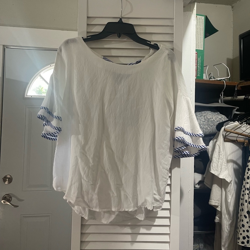 White with blue trim top